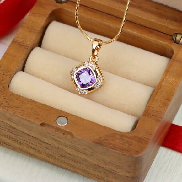 "Purple Cushion Stone Pendant in Gold Plated Brass with Crystal Halo, XPPT1770 - Picture 6 of 13